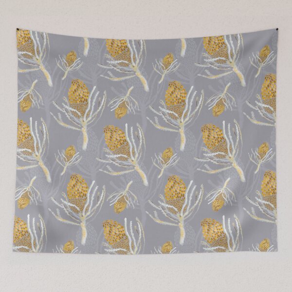 Item preview, Seamless Mustard Protea on Grey designed and sold by Crimson-thyme.