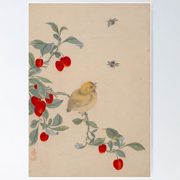 Item preview, Birds, Insects and Flowers 19th Century by Yi Zhai (Yellow bird Red fruit) designed and sold by Amsonia.