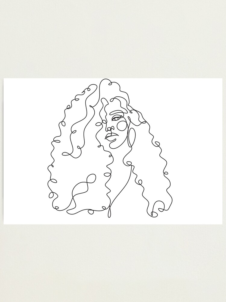 Abstract face with cute curly hair by one line drawing. Minimalist style  portrait. Modern continuous line drawing. Fashion print. Beauty Living Room