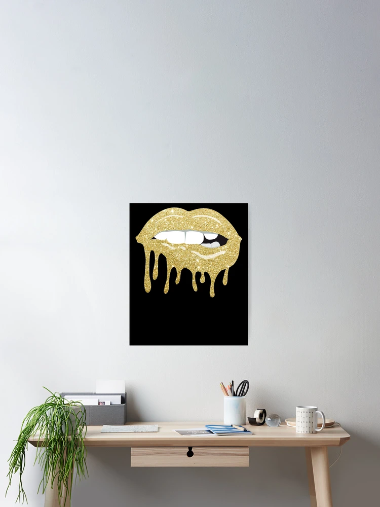 Aperçu 2 sur 3. Poster avec l'œuvre Women's Dripping Lips Gold Kiss Gold Lip Biting Gold Lips Gear créée et vendue par DynamicDesign.