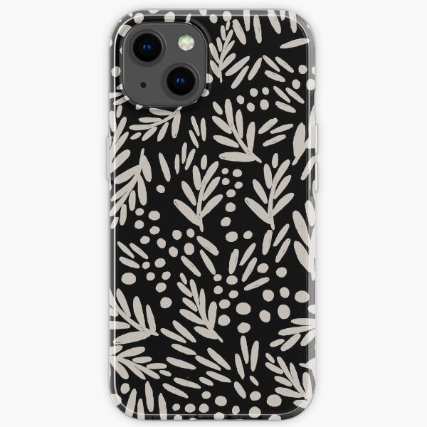 Branches and Dots Motif / Neutral Gray on Black Pattern / Hand Painted Design / iPhone Soft Case