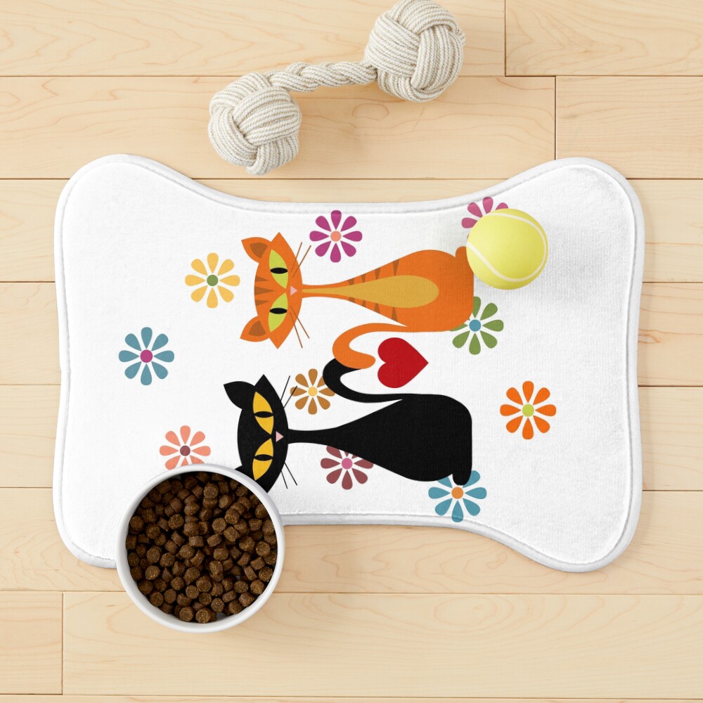 Mid Century orange and black cats in love Pet Mat