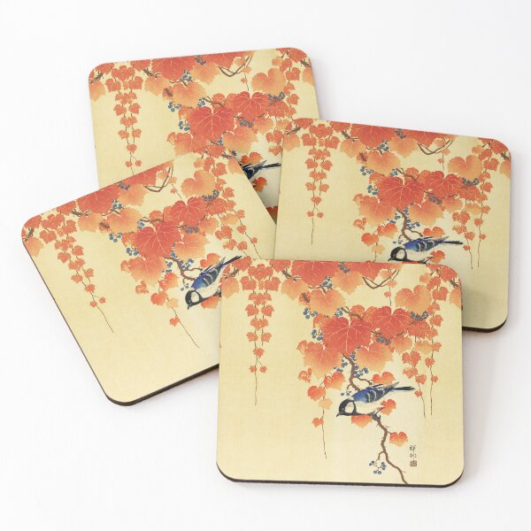 Item preview, Blue Tit Bird on Paulownia Branch, Red Autumn Leaves Japanese Floral designed and sold by BulganLumini.