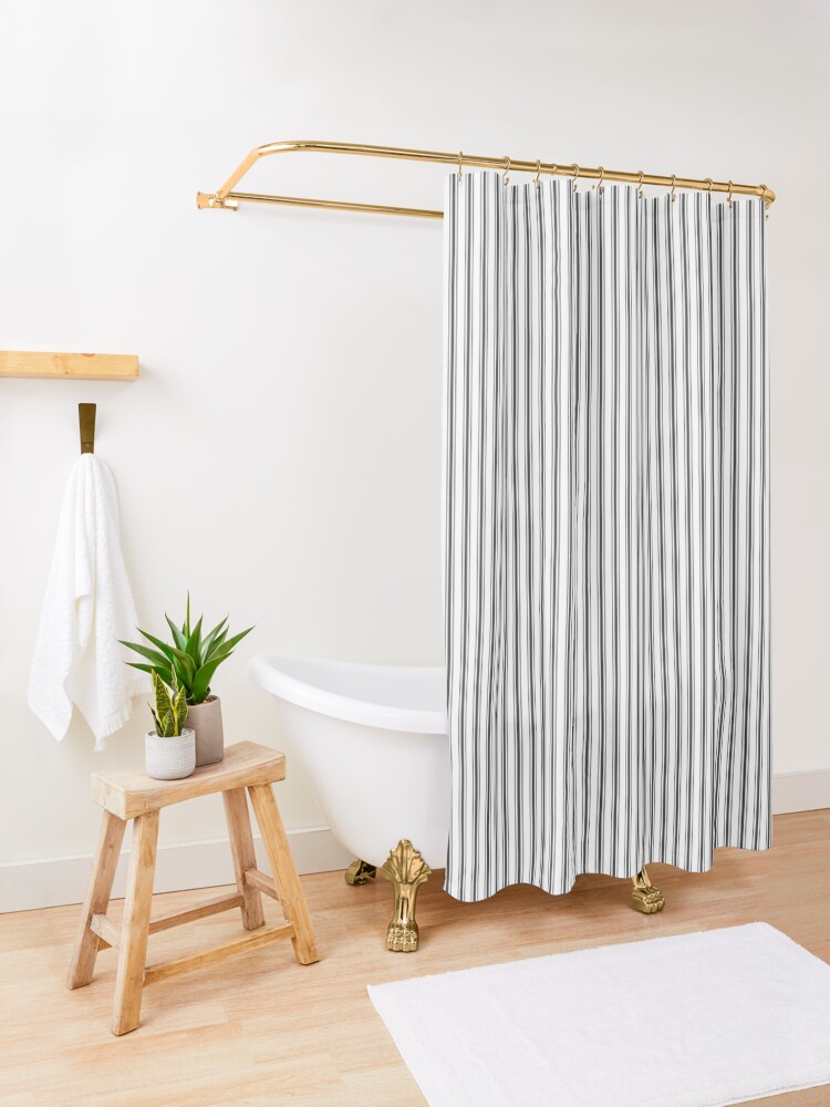 "Mattress Ticking Narrow Striped Pattern in Dark Black and White" Shower Curtain by podartist