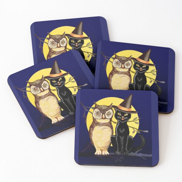 Item preview, Antique Inspired Owl and Witchy Black Cat Best Friends Digital Painting, Single and Repeating Pattern designed and sold by Nicolette Olivier.