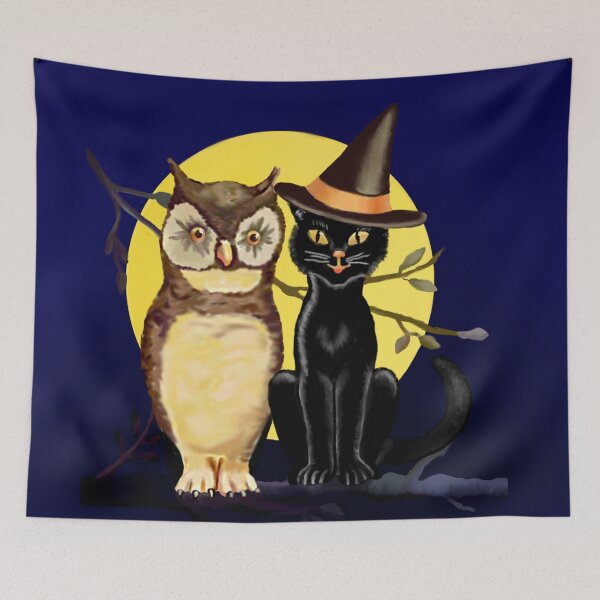 Item preview, Antique Inspired Owl and Witchy Black Cat Best Friends Digital Painting, Single and Repeating Pattern designed and sold by Nicolette Olivier.