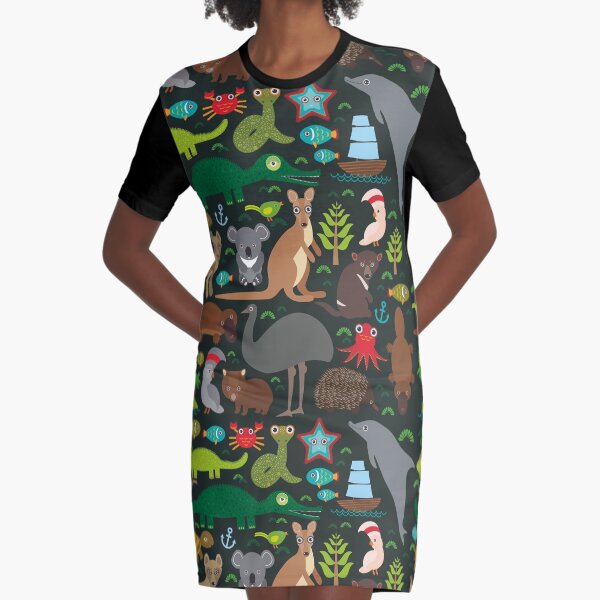 Funny australian animals Echidna Platypus ostrich Emu Tasmanian devil Cockatoo parrot Wombat snake turtle crocodile kangaroo dingo octopus fish. Seamless pattern on dark background. Graphic T-Shirt Dress