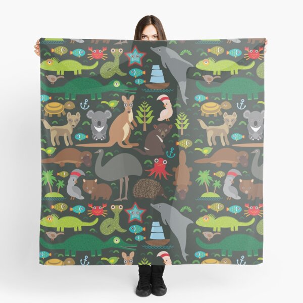 Funny australian animals Echidna Platypus ostrich Emu Tasmanian devil Cockatoo parrot Wombat snake turtle crocodile kangaroo dingo octopus fish. Seamless pattern on dark background. Scarf