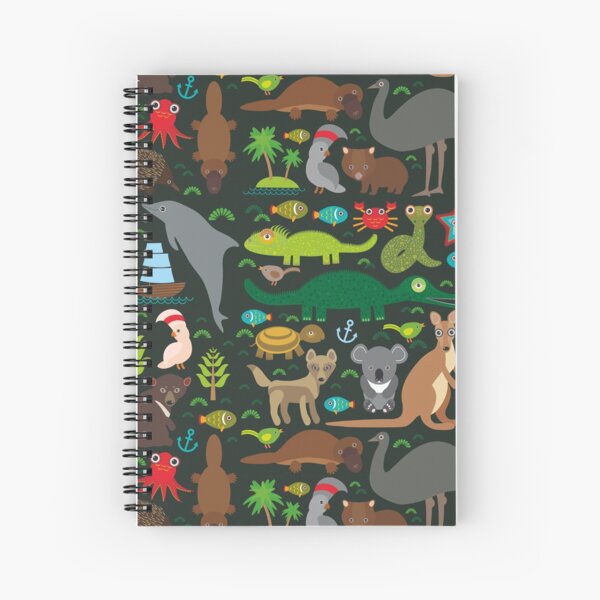 Funny australian animals Echidna Platypus ostrich Emu Tasmanian devil Cockatoo parrot Wombat snake turtle crocodile kangaroo dingo octopus fish. Seamless pattern on dark background. Spiral Notebook