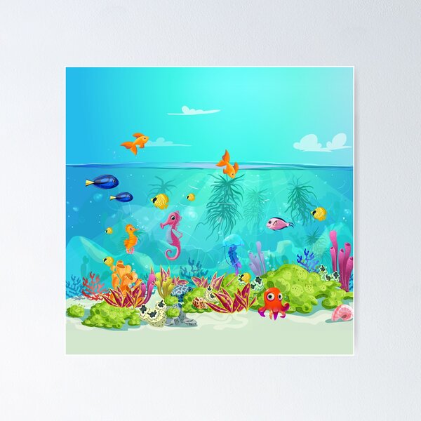 Underwater sea life seamless banner. Undersea landscape with cute