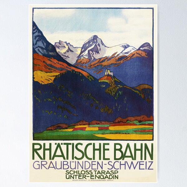 Aperçu de l'œuvre RHATISCHE BAHN Graubunden Schweiz Suisse Chemin de fer 1913 par Emil Cardinaux affiche de voyage vintage créée et vendue par retroposters.