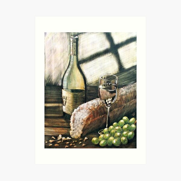 Wine, bread and grapes Art Print