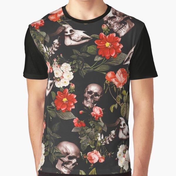 Skull and Floral Pattern Graphic T-Shirt