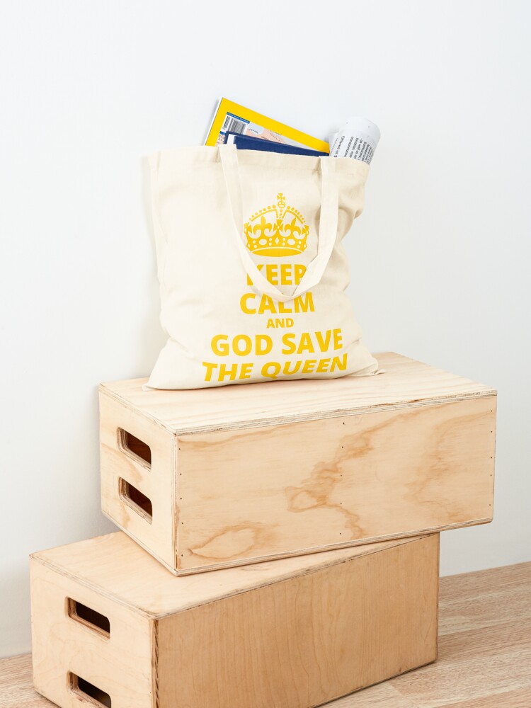 Alternate view of Queen's Platinum Jubilee, 1952-2022, Keep Calm and God Save the Queen, Yellow on Black Tote Bag