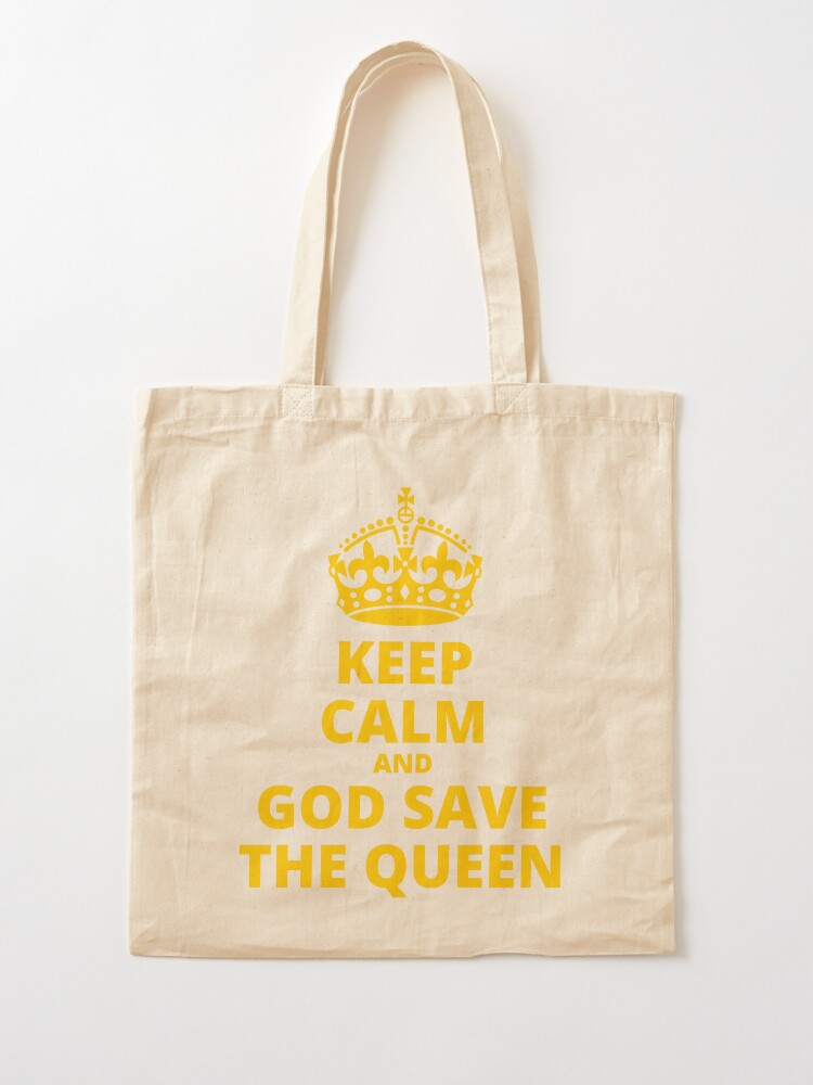 Alternate view of Queen's Platinum Jubilee, 1952-2022, Keep Calm and God Save the Queen, Yellow on Black Tote Bag