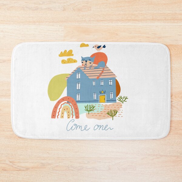 Item preview, Come one. Home Sweet Home. Illustration with a building and cat in a cute naive style. designed and sold by Olga Matskevich.