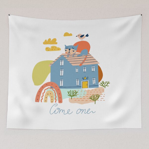 Item preview, Come one. Home Sweet Home. Illustration with a building and cat in a cute naive style. designed and sold by Olga Matskevich.