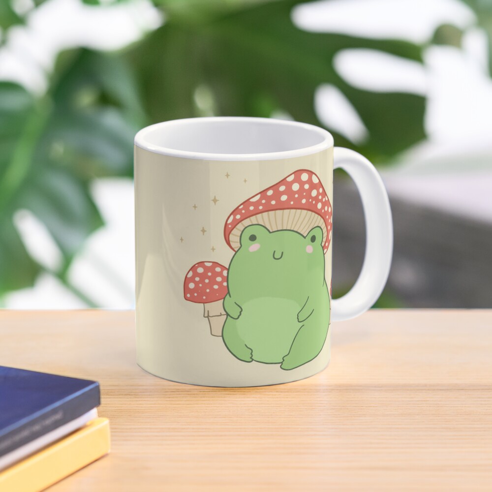 Kawaii Frog with Mushroom Hat and Toadstools - Cottagecore Aesthetic Froggy - Chubby Amanita Muscaria Forest Themed Fantasy Coffee Mug