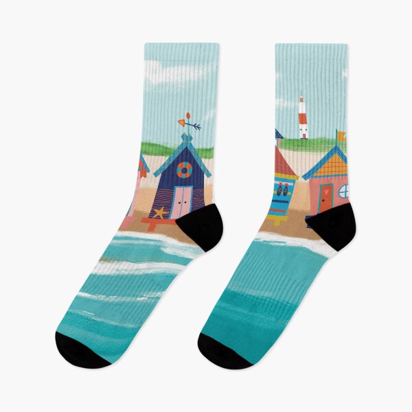 Item preview, Pittoresque beach view with colorful beach huts and lighthouse. Seagulls enjoying the sea breeze at the seaside. designed and sold by marina63.
