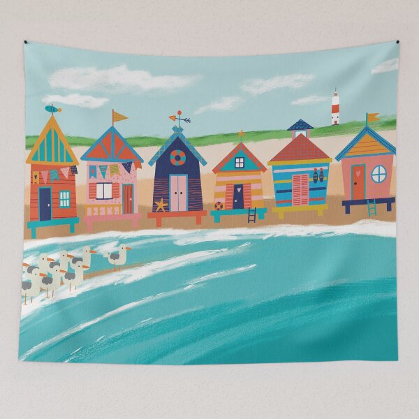 Item preview, Pittoresque beach view with colorful beach huts and lighthouse. Seagulls enjoying the sea breeze at the seaside. designed and sold by marina63.