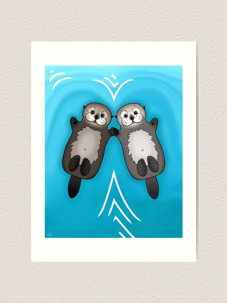 "Otters Holding Hands Sea Otter Couple" Art Print by