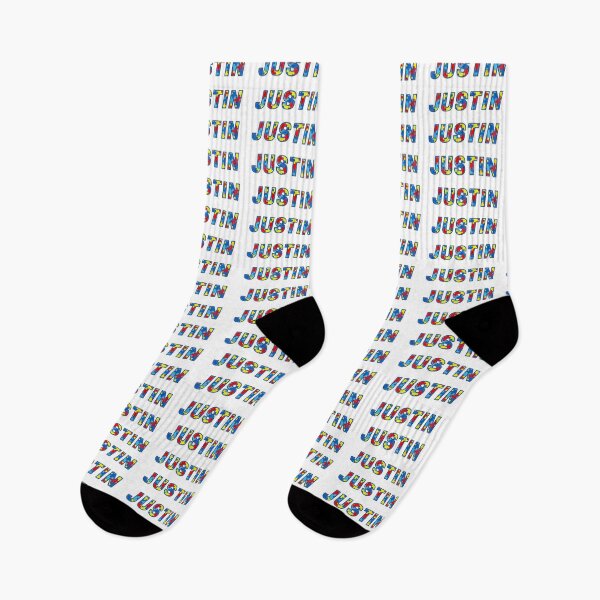 Item preview, Justin Name Label in Autism Awareness pattern designed and sold by AnJAutismWorld.