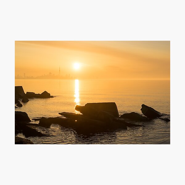 Item preview, Gold Mist Sunrise - Toronto Skyline with Rough Rocks designed and sold by Georgia Mizuleva.
