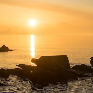 Artwork thumbnail, Gold Mist Sunrise - Toronto Skyline with Rough Rocks by Georgia Mizuleva