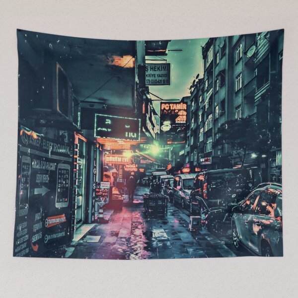 Item preview, Grunge Neon-Noir Aesthetic of a Lonely City Street Nightscape with Cars and Buildings - Retro 90s Edgy Film Noir Style - Green Atmospheric Sky designed and sold by Cawaiico.