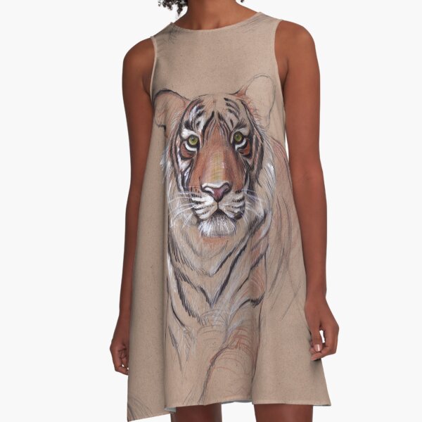 UNFINISHED BUSINESS - Original Tiger Drawing - Mixed Media (acrylic paint & pencil) A-Line Dress