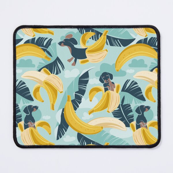 Item preview, Surrealistic tropical Dachshund bananas // aqua background navy blue dogs and banana fruit leaves designed and sold by SelmaCardoso.