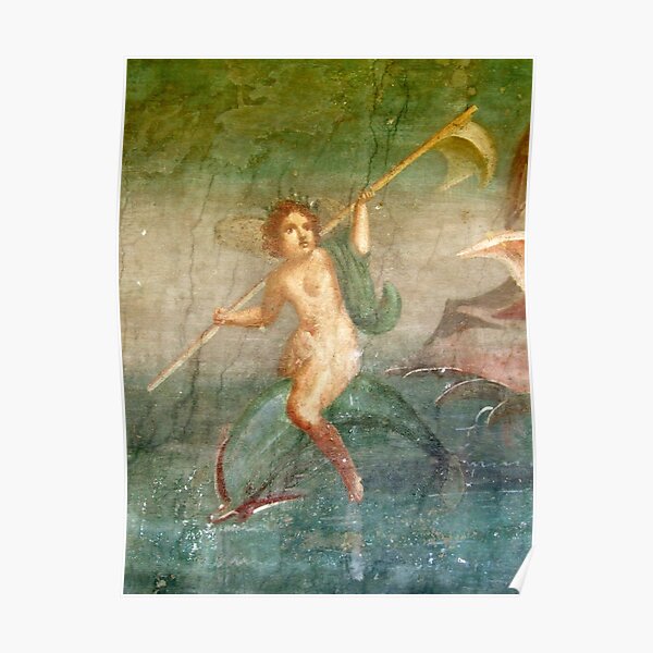 Boy Nymph. Naked, Riding Dolphin, Fresco, Pompeii, Pompei. Poster