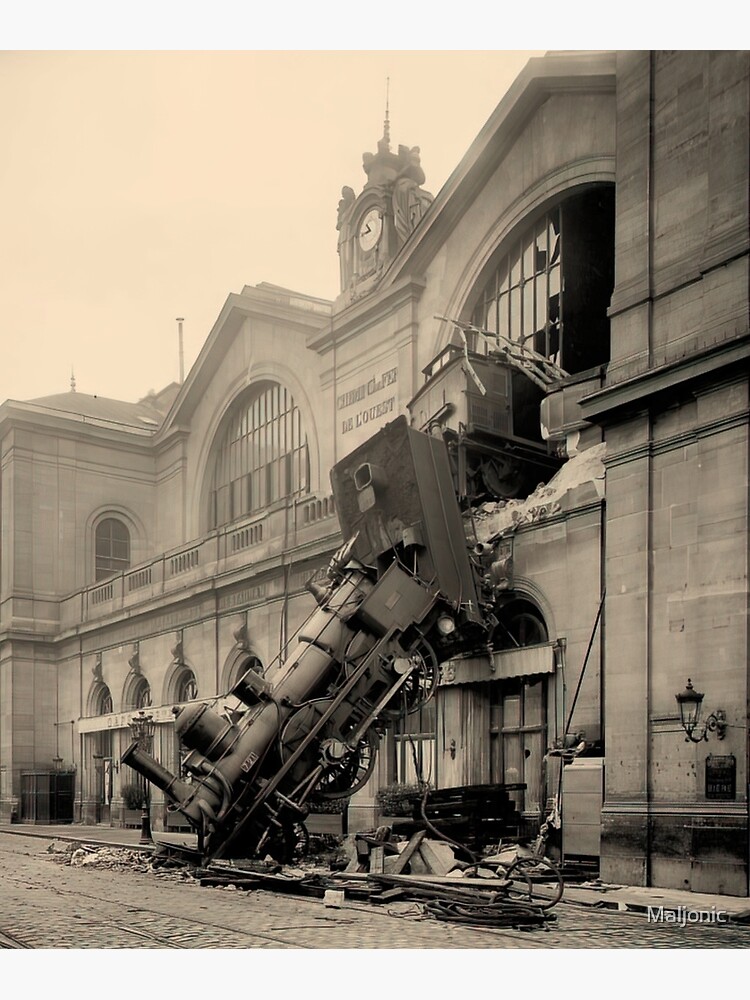 Disover Steam Train Locomotive Wreck at Montparnasse Railway Station in Paris 1895 Gift Premium Matte Vertical Poster