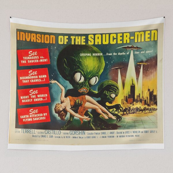 Item preview, Invasion of The Saucer-Men Retro Flying Saucer Alien Wide Movie Poster Gift designed and sold by Maljonic.