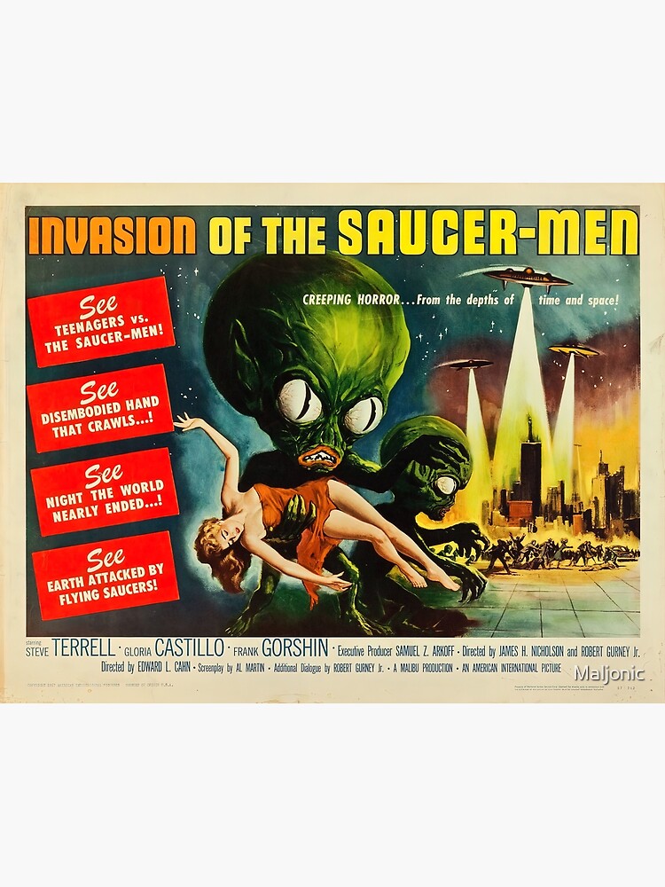 "Invasion of The SaucerMen Retro Flying Saucer Alien Wide Movie Poster
