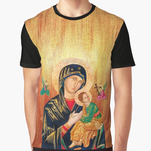 Our Lady of Perpetual Help in Golden-Cooper Wood Background Graphic T-Shirt
