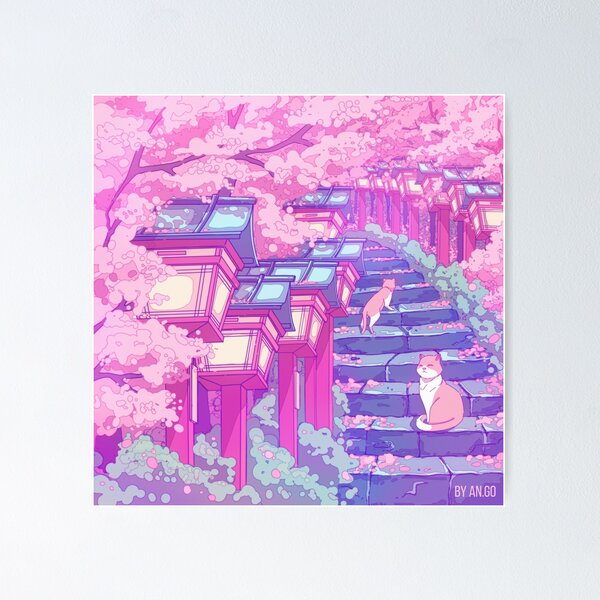 Item preview, The Japanese shrine, cats and pink sakura blossom (soft colors) designed and sold by AnGoArt.