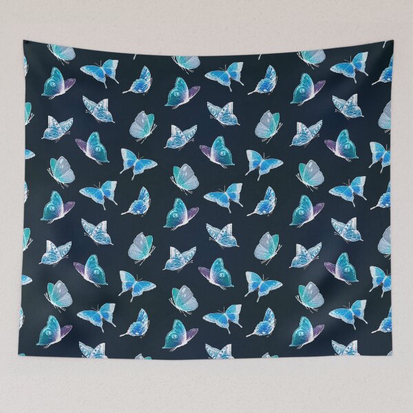 Aperçu de l'œuvre Motif Mystique Bleu Blanc Violet Papillons Sur Fond Noir créée et vendue par Jaydee001.
