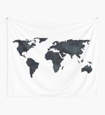World Map Black Watercolor Ink Wall Tapestry
