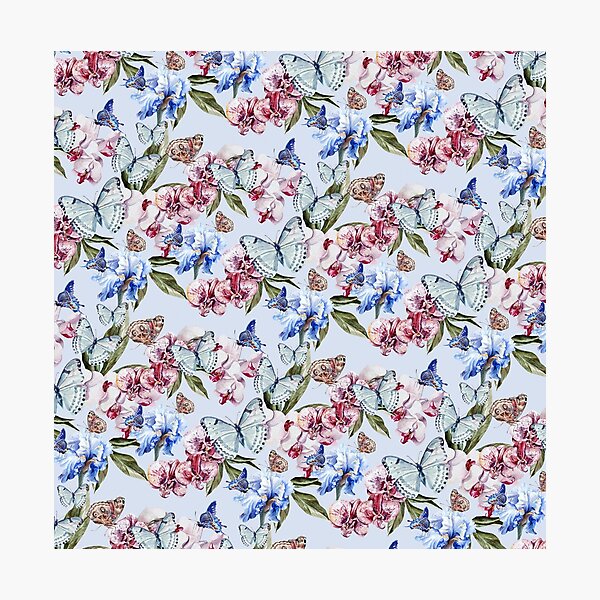 Item preview, Watercolor Flowers Butterflies Pattern blue red designed and sold by EDDArt.