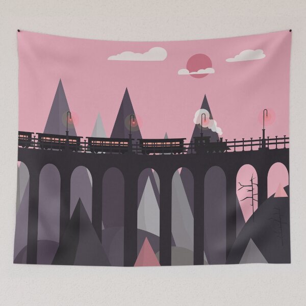 Item preview, fantasy landscape. panorama format. Train drives over railway bridge in mountain landscape. designed and sold by Boogosh.