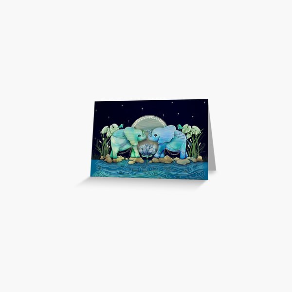 Lotus Flower Elephants Ocean Blue and Sea Green Greeting Card