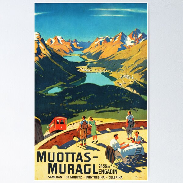 Item preview, MUOTTAS MURAGL Mountain Summit Engadin Funicular Railway Transport Switzerland 1937 Vintage Tourism Poster designed and sold by retroposters.