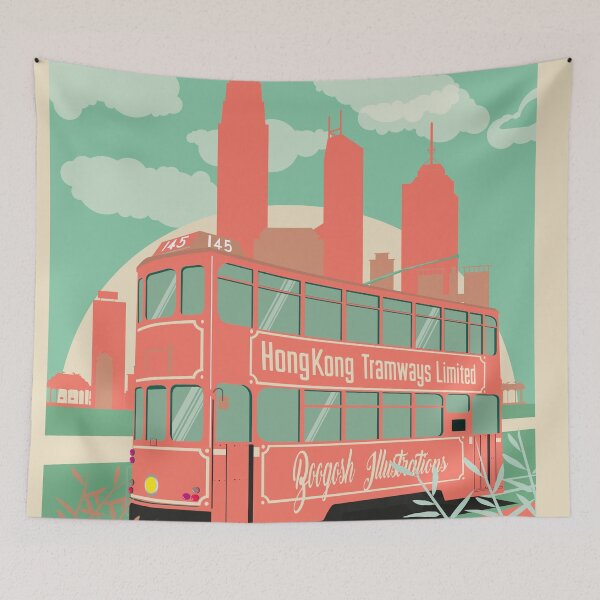 Item preview, Hong Kong vintage travel poster. Hong Kong Tramway and Skyline. designed and sold by Boogosh.
