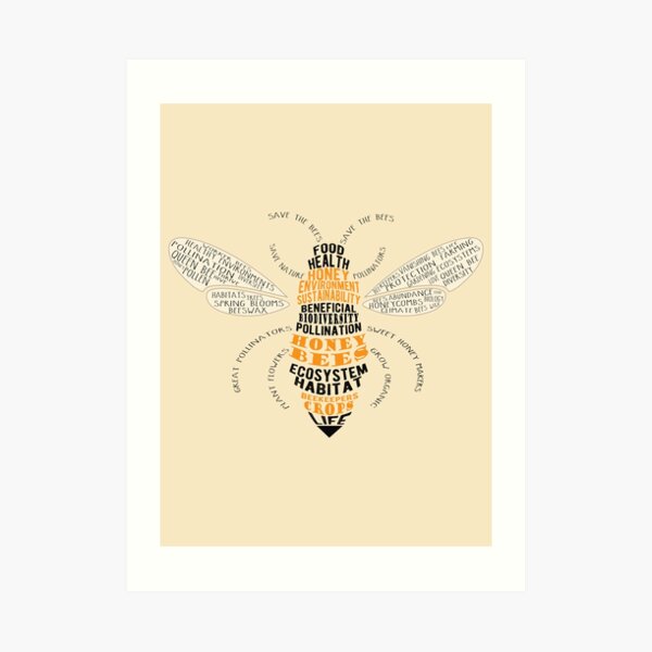 Honey Bee Word Cloud with Wings Art Print