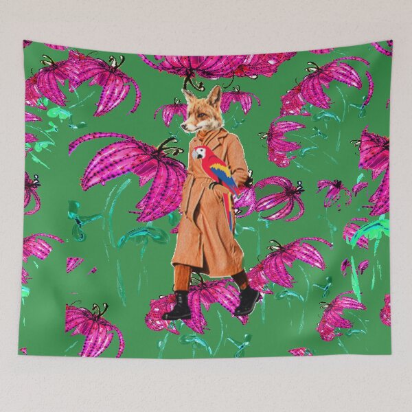 Item preview, Fox and Parrot in trench coat Botanical print designed and sold by Nonsense and Relish.