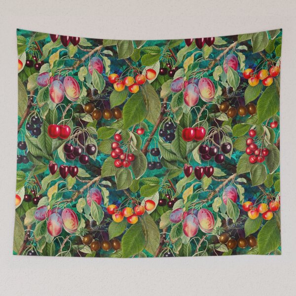 Item preview, Exotic tropical floral leaves and fruits, botanical pattern, tropical plants, turquoise fruit pattern designed and sold by ZeinabTaha.