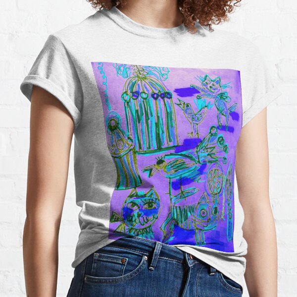Grape Purple Cats Kitty Birds Birdcages Classic T-Shirt