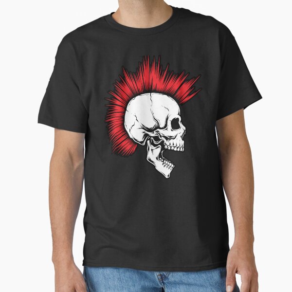 Vista previa del artículo con la obra «Calavera punk con mohawk rojo», diseñado y vendido por Ikaroots.