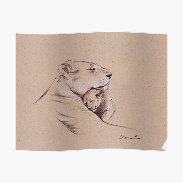 "A Mother's Pride" Lioness and cub original pencil drawing. Poster
